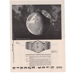 Eterna Matic 3000 Wristwatch Magazine Advertisement Black & White 1960s Vintage